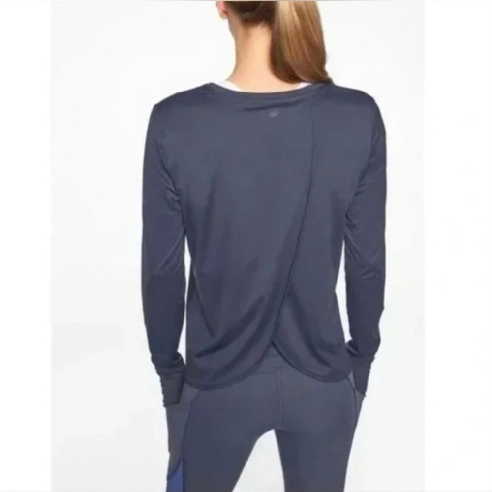 Athleta Sunlover Flyaway Tulip Open Back Top Shirt Navy Blue Athleisure, Size M